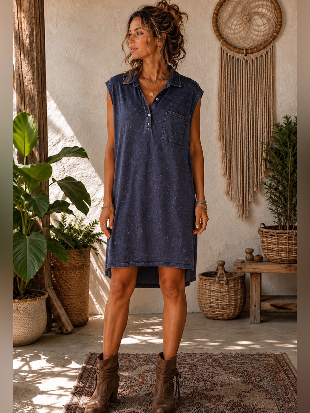 POL blue grey distressed t shirt knit shift dress size S